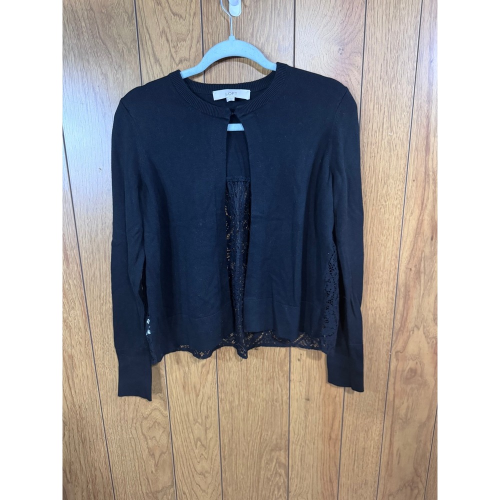 Ann Taylor LOFT Black Lace Back Cardigan Sweater Silk Blend Small Hook Eye Front